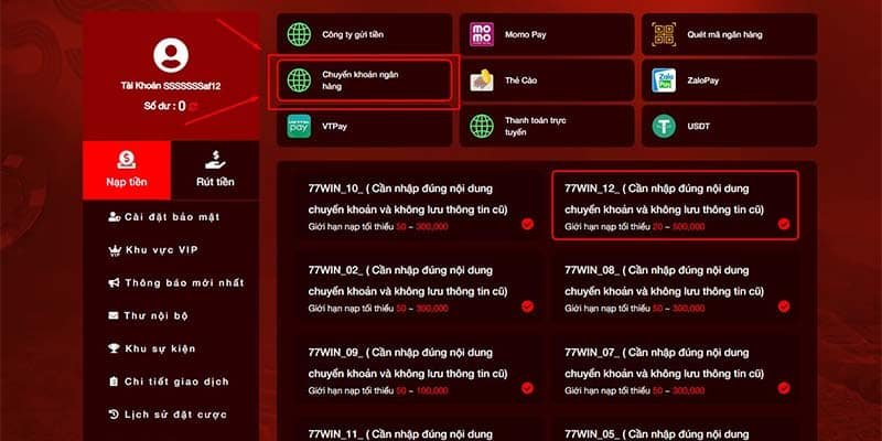 Internet banking là phương thức nạp tiền 77Win thông dụng nhất